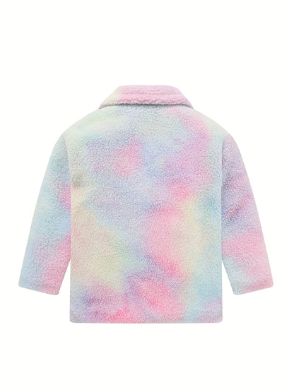 [Cozy Fleece Jacket] Cozy Fleece Jacket for Girls - Two-Tone Color Block with Plush Lining, Long Sleeves & Button Front, Casual Korean Style Winter Outerwear | Button-Up Front Jacket | Plush Lining Jacket