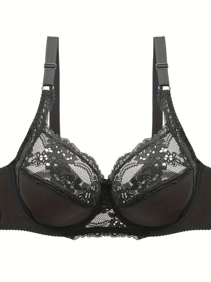 Plus Size Sexy Bra, Women's Plus Comfort Floral Lace Underwire Hook & Eye Soft Bra