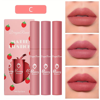 3pcs Strawberry Set Box Velvet Matte Lip Glaze Lipstick Lip Gloss Non-Stick Cup Cute Set