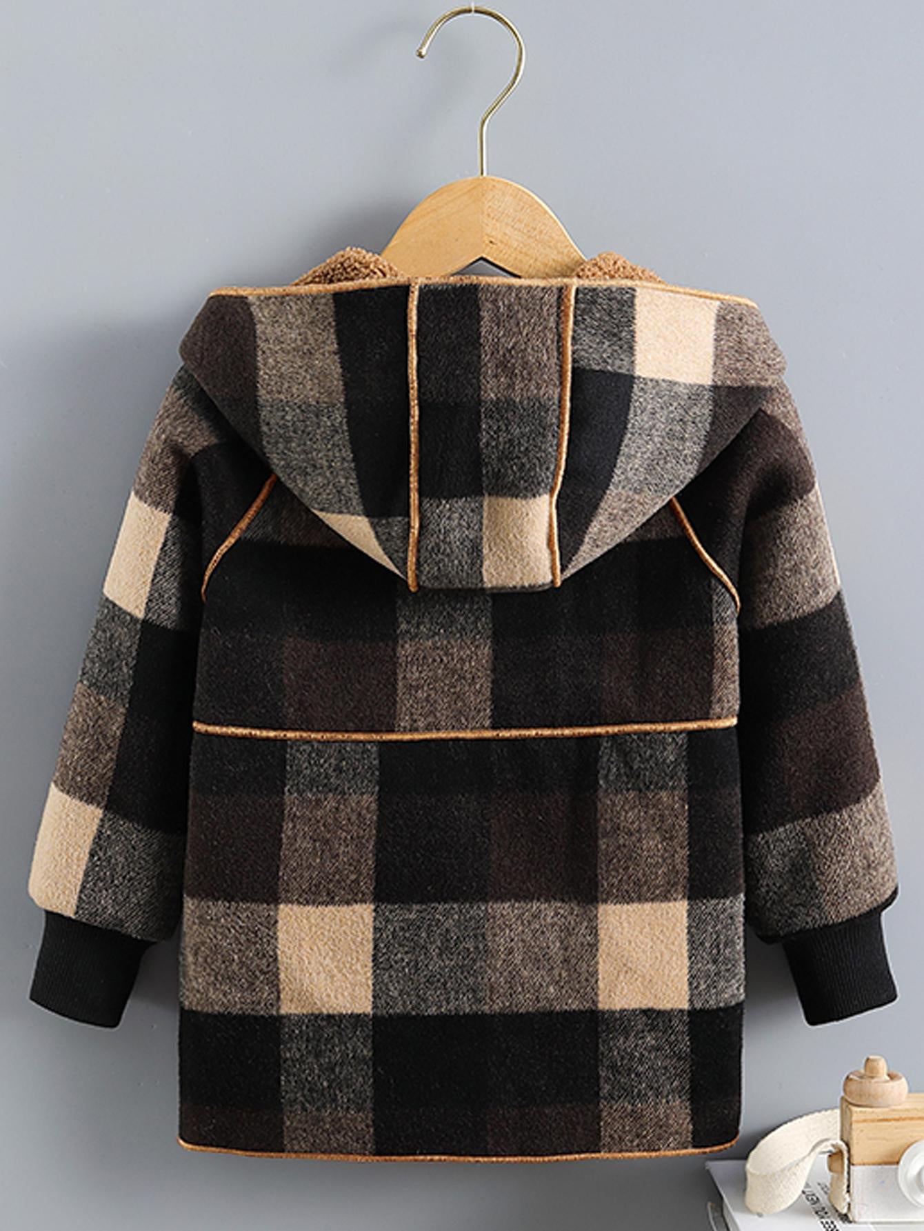 Boys' Cozy Fleece-Lined Plaid Jacket with Button Front, Pockets & Hood - Long Sleeve Casual Winter Coat for Fall/Winter, Brown & Black Checkered Pattern, Cozy Outerwear, Durable Outerwear