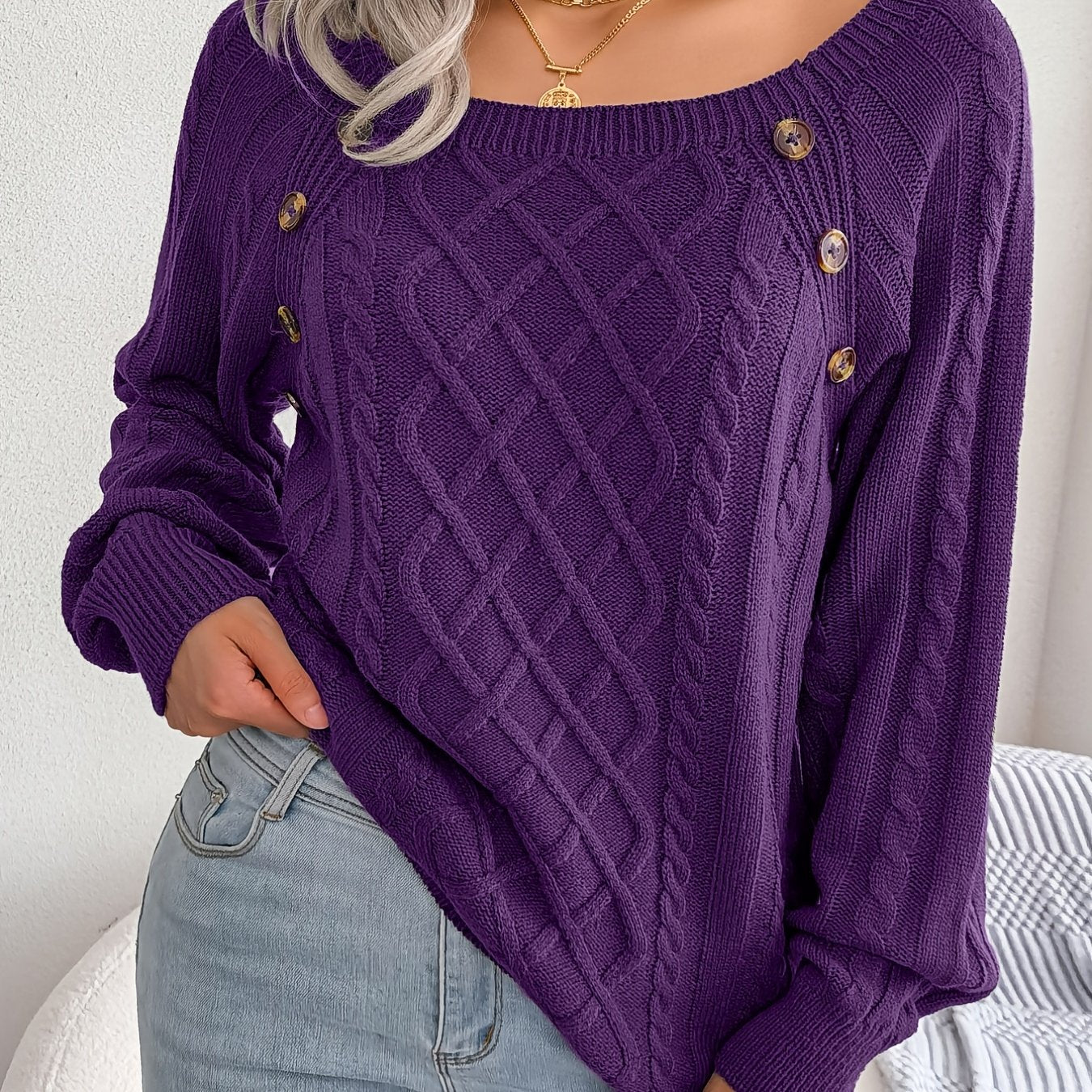 Women's Sweater Round Neck Texture Button Lantern Sleeve Sweater