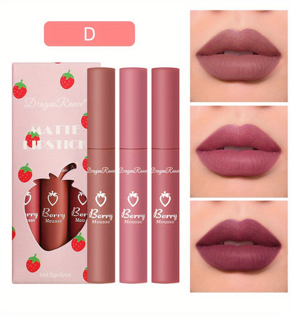 3pcs Strawberry Set Box Velvet Matte Lip Glaze Lipstick Lip Gloss Non-Stick Cup Cute Set