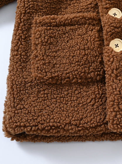 [Cozy Fleece Jacket] Cozy Fleece Jacket for Girls - Two-Tone Color Block with Plush Lining, Long Sleeves & Button Front, Casual Korean Style Winter Outerwear | Button-Up Front Jacket | Plush Lining Jacket