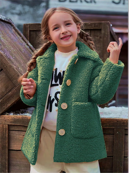 [Cozy Fleece Jacket] Cozy Fleece Jacket for Girls - Two-Tone Color Block with Plush Lining, Long Sleeves & Button Front, Casual Korean Style Winter Outerwear | Button-Up Front Jacket | Plush Lining Jacket
