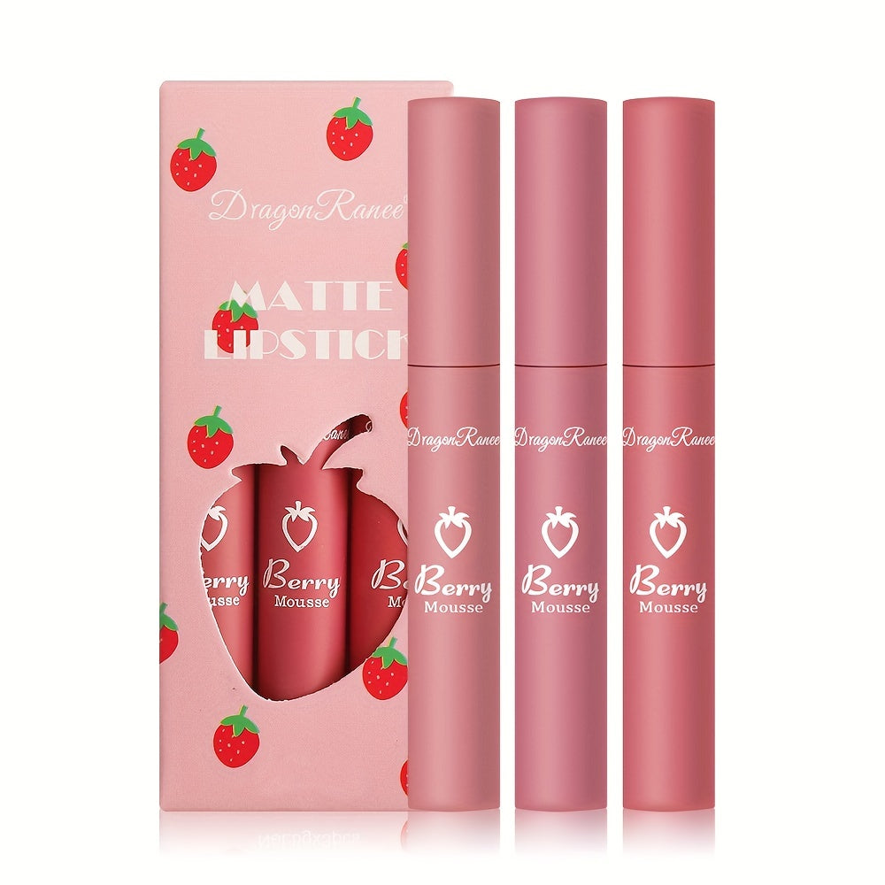 3pcs Strawberry Set Box Velvet Matte Lip Glaze Lipstick Lip Gloss Non-Stick Cup Cute Set
